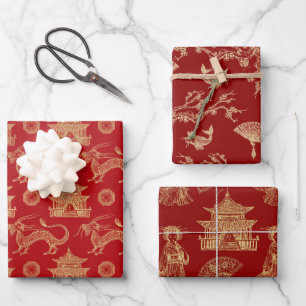 Red and gold Oriental chinoiserie patterns Wrapping Paper Sheets