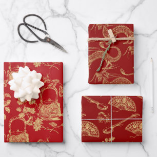 Red and gold Oriental chinoiserie patterns Wrapping Paper Sheets