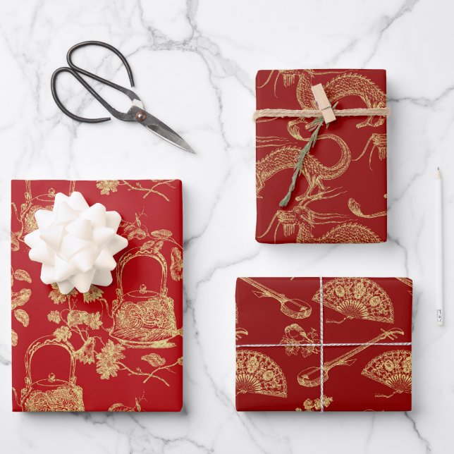 Red and gold Oriental chinoiserie patterns Wrapping Paper Sheets (Front)