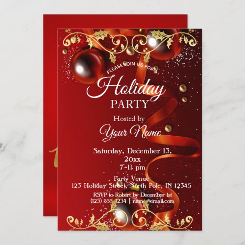 Red and Gold Ornament Party Christmas Invitation