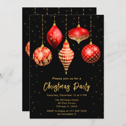 Red and Gold Ornaments Christmas Party Invitation