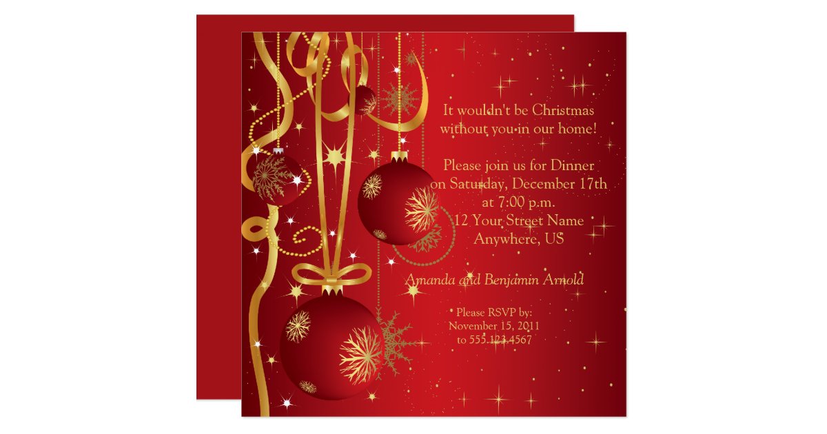 Red and Gold Ornaments Holiday Invitation | Zazzle