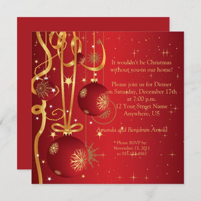 Red and Gold Ornaments Holiday Invitation (Front/Back)