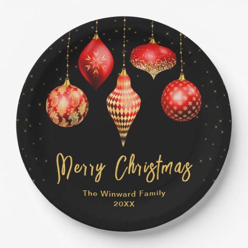 Red and Gold Ornaments Merry Christmas Paper Plates