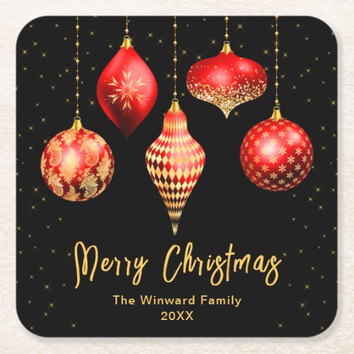 Red and Gold Ornaments Merry Christmas Square Paper Coaster