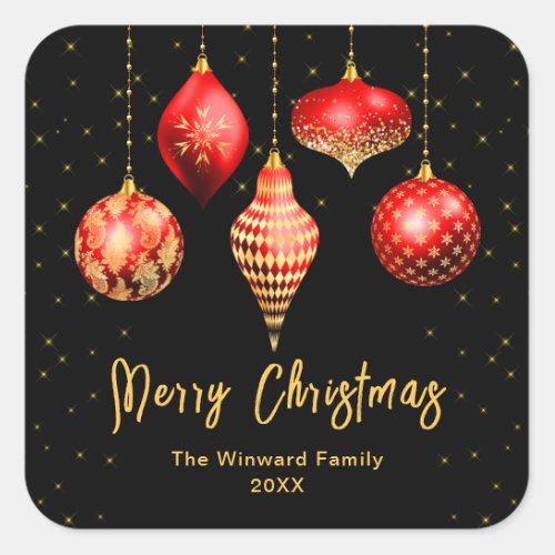 Red and Gold Ornaments Merry Christmas Square Sticker