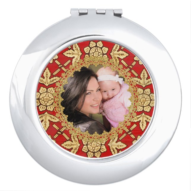 Red and Gold Ornate Custom Photo Compact Mirror (Front)