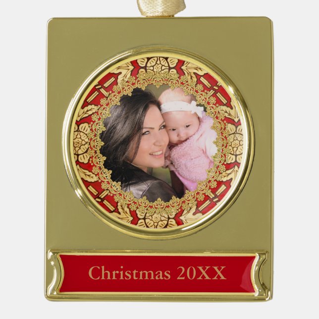 Red and Gold Ornate Custom Photo Gold Plated Banner Ornament (Front)