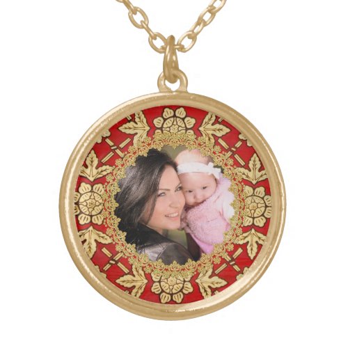 Red and Gold  Ornate Custom Photo Gold Plated Necklace