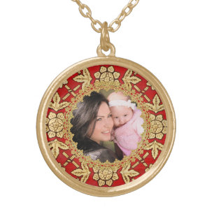Red and Gold Ornate Custom Photo Plated Necklace