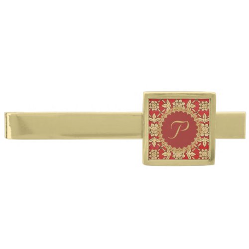 Red and Gold Ornate Monogram Gold Finish Tie Bar