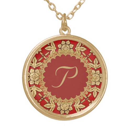 Red and Gold Ornate Monogram Gold Plated Necklace
