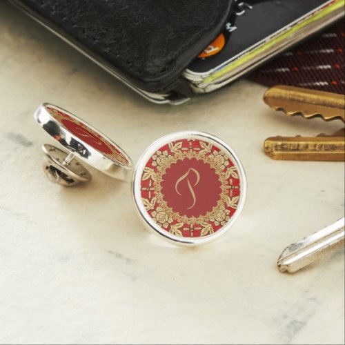 Red and Gold Ornate Monogram Lapel Pin