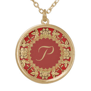 Red and Gold Ornate Monogram Plated Necklace