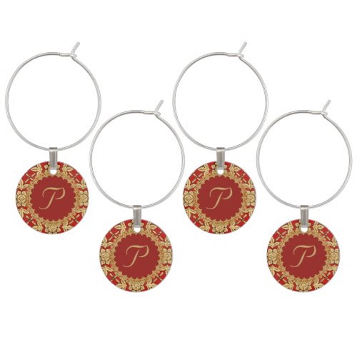 Red and Gold Ornate Monogrammed Wine Charm