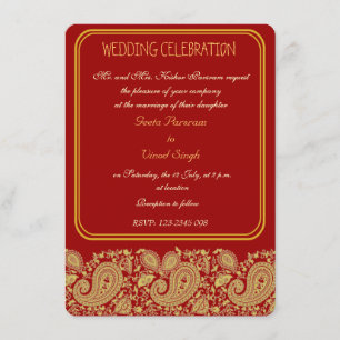 Red and gold paisley Hindu wedding Invitation