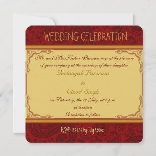 Red and gold paisley hindu wedding invitation