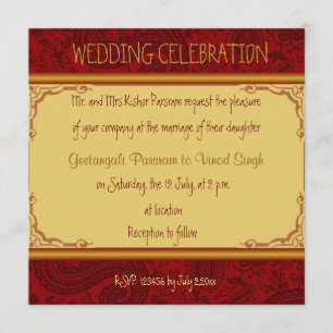 Red and gold paisley hindu wedding invitation