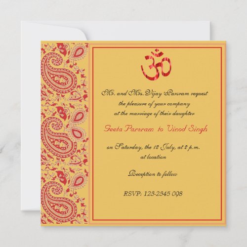 Red and Gold paisley Hindu wedding Invitation