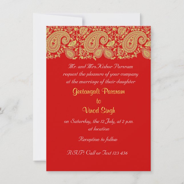 Red and gold  paisley Indian Wedding Invitation (Front)