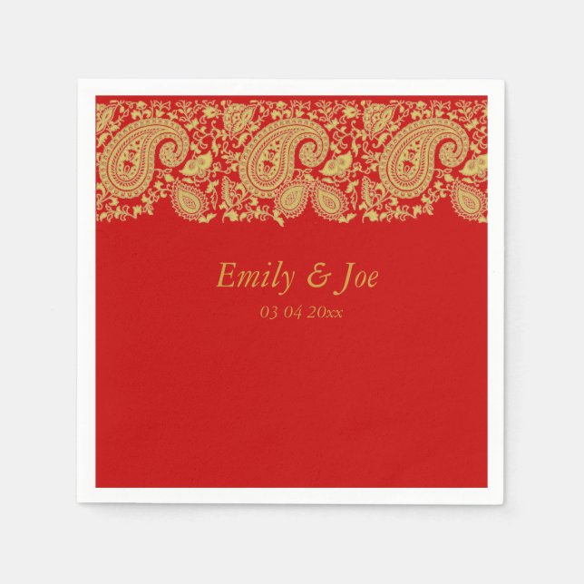 Red and Gold  paisley lace wedding Napkins (Front)