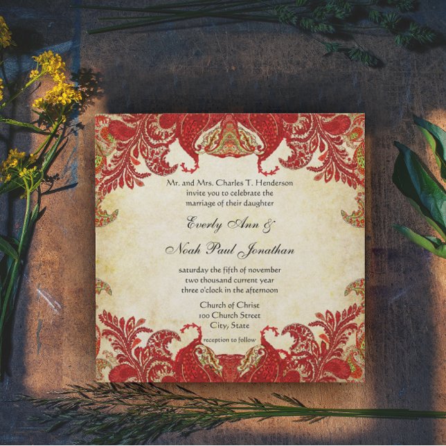 Red and Gold Paisley Peacock Renaissance Wedding Invitation (Creator Uploaded)