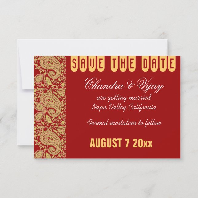 Red and gold paisley Save the date wedding Invitation (Front)