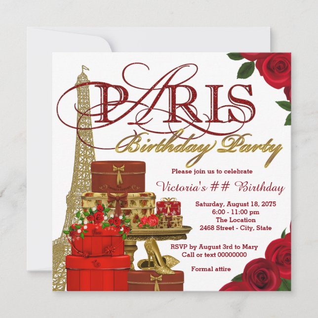 Red and Gold Paris Birthday Party Invitation (Front)