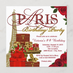 Red and Gold Paris Birthday Party Invitation