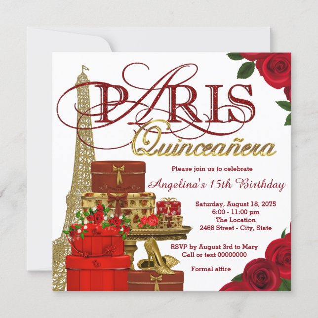 Red and Gold Paris Quinceanera Invitation (Front)