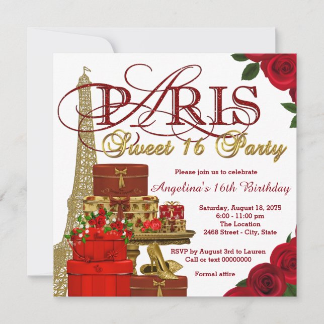 Red and Gold Paris Sweet 16 Party Invitation (Front)
