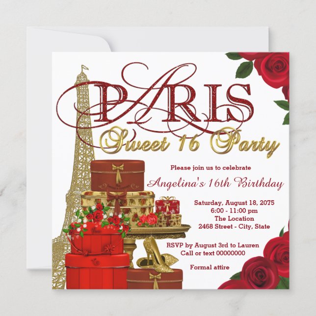 Red and Gold Paris Sweet 16 Party Invitation (Front)