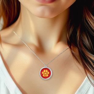 Red and Gold Paw Print Custom Jersey Number Silver Plated Necklace