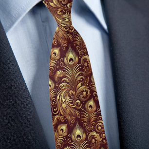 Red and Gold Peacock Feathers Neck Tie