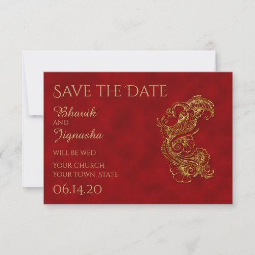 Red and Gold Peacock Indian Wedding Save the Date