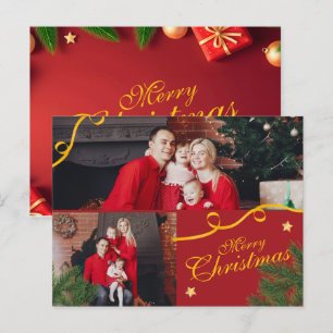 Red and Gold Photo Family Merry Christmas Happy Holiday Postcard