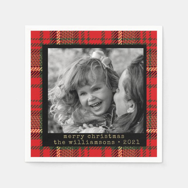 Red and Gold Plaid Family Photo Christmas  Napkins (Front)