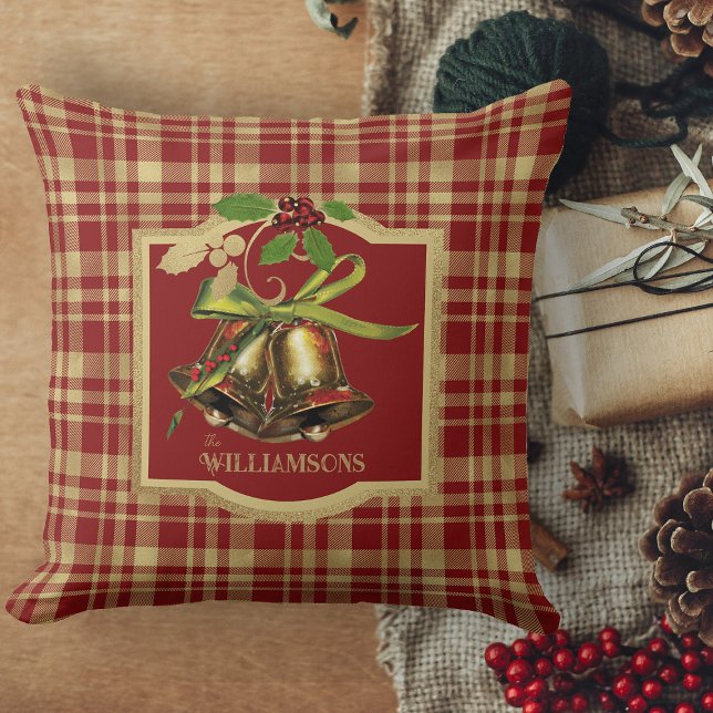 Red And Gold Plaid Merry Christmas Couch Throw Pillow (Christmas pillows, Personalized Christmas throw pillows for holiday decor)