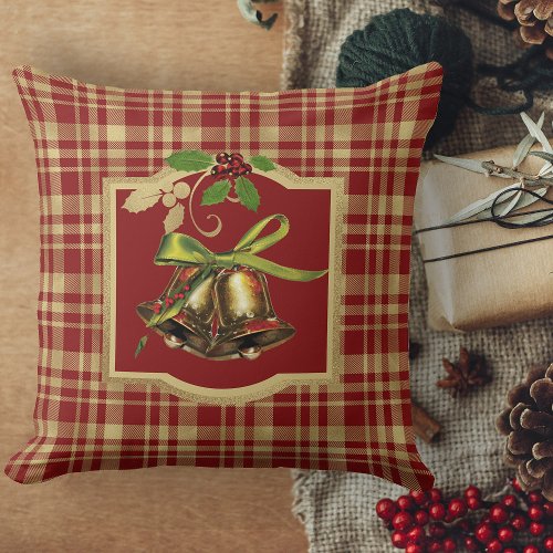 Red And Gold Plaid Merry Christmas Couch Throw Pillow