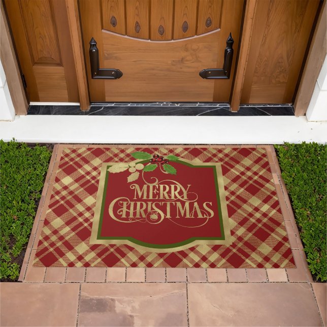 Red and Gold Plaid Merry Christmas With Name Doormat (Outdoor)