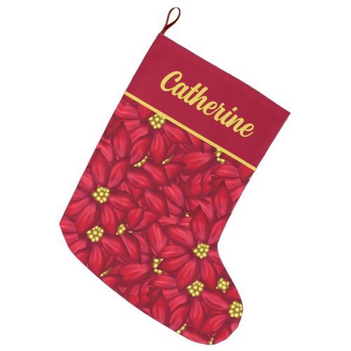 Red and Gold Poinsettia Star Flower Personalized Large Christmas Stocking