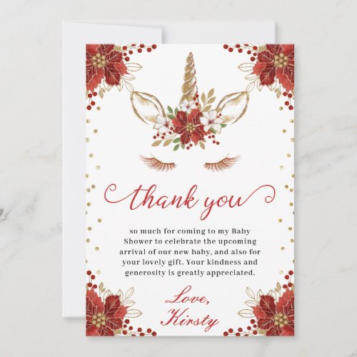 Red and Gold Poinsettia Unicorn Face Baby Shower Thank You Card