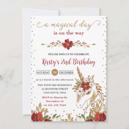 Red and Gold Poinsettia Unicorn Face Birthday  Invitation