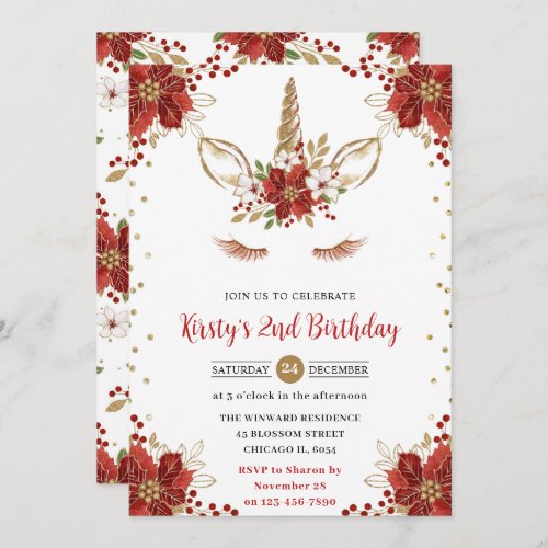 Red and Gold Poinsettia Unicorn Face Birthday Invitation