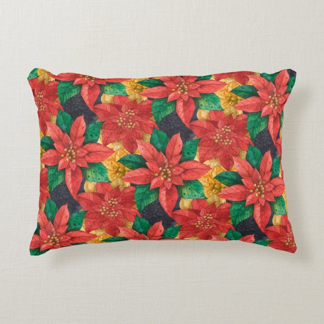 Red and Gold Poinsettias Christmas Holiday Accent Pillow (Front)