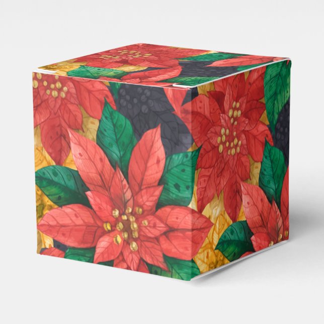 Red and Gold Poinsettias Christmas Holiday Favor Boxes (Front Side)