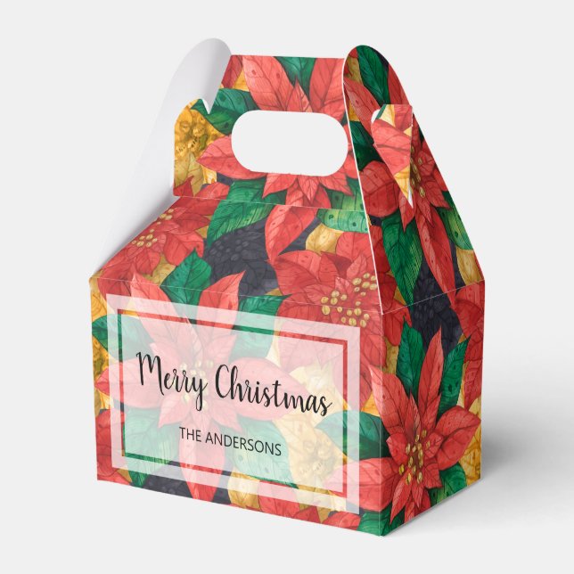 Red and Gold Poinsettias Christmas Holiday Favor Boxes (Front Side)