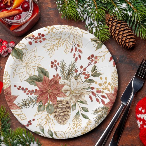 Red and Gold Poinsettias Classic Christmas   Paper Plates