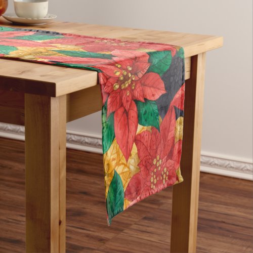 Red and Gold Poinsettias Flowers Holiday Christmas Short Table Runner
