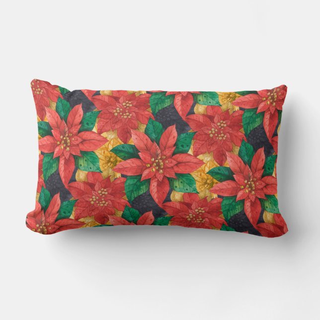 Red and Gold Poinsettias Holiday Christmas Lumbar Pillow (Front)